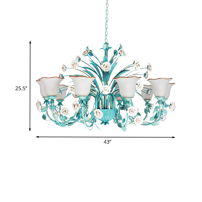 Pastoral Flared Chandelier Pendant Light - Metal Led Suspension Lighting In Blue With Rose Decor