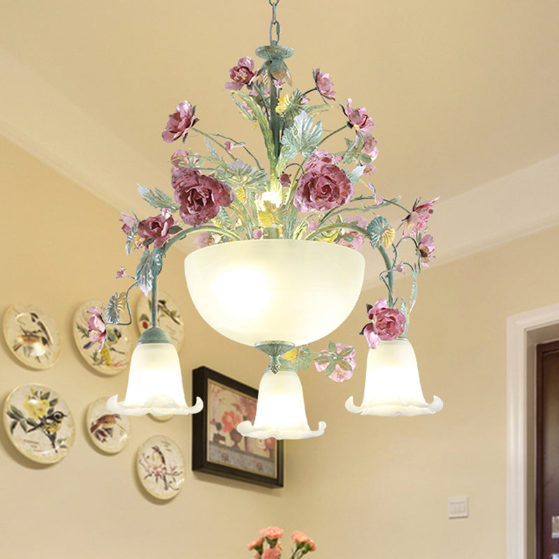 Green Metal Bowl Chandelier - Romantic Pastoral 5/7 Bulb Dining Room Drop Lamp With Rose Accents