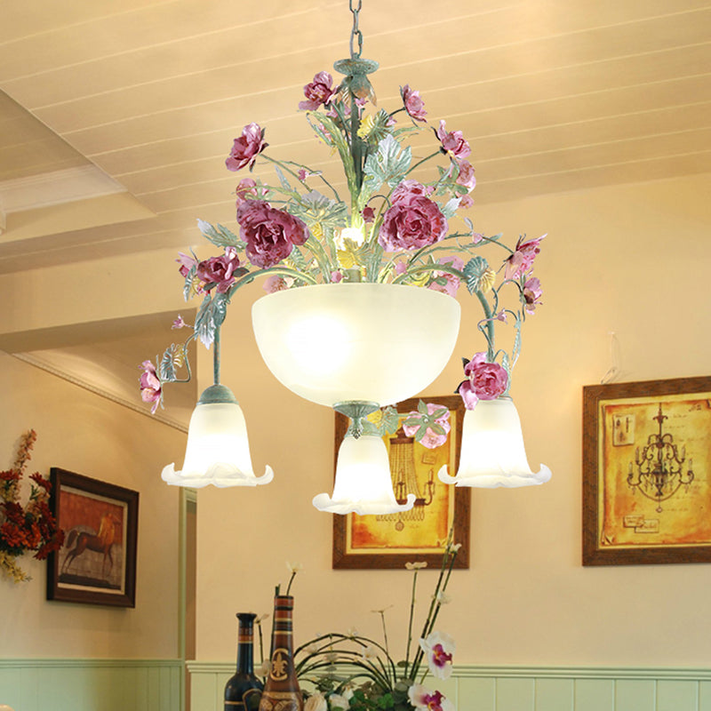 Green Metal Bowl Chandelier - Romantic Pastoral 5/7 Bulb Dining Room Drop Lamp With Rose Accents