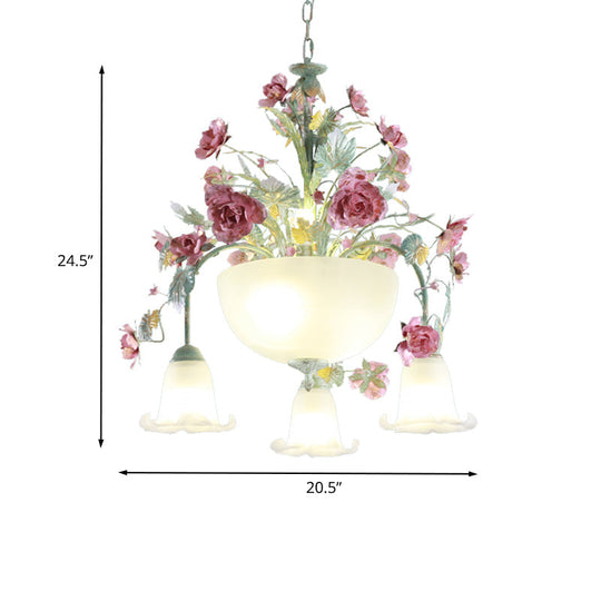 Green Metal Bowl Chandelier - Romantic Pastoral 5/7 Bulb Dining Room Drop Lamp With Rose Accents