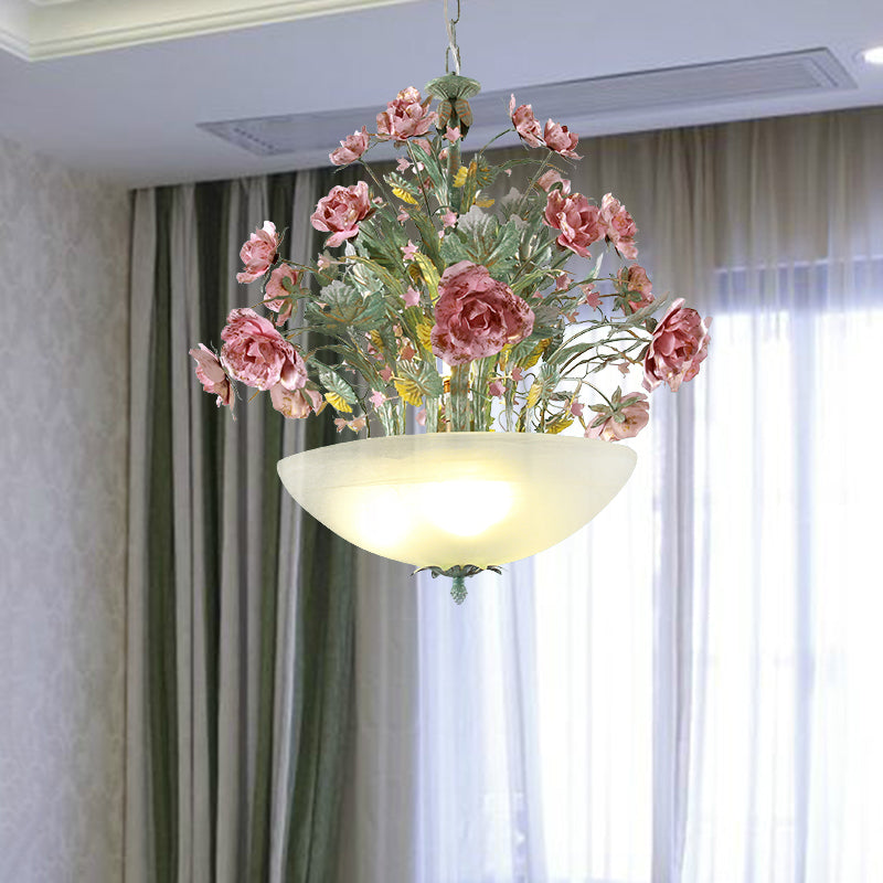 Green Metal Bowl Chandelier - Romantic Pastoral 5/7 Bulb Dining Room Drop Lamp With Rose Accents