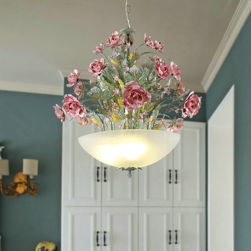 Green Metal Bowl Chandelier - Romantic Pastoral 5/7 Bulb Dining Room Drop Lamp With Rose Accents