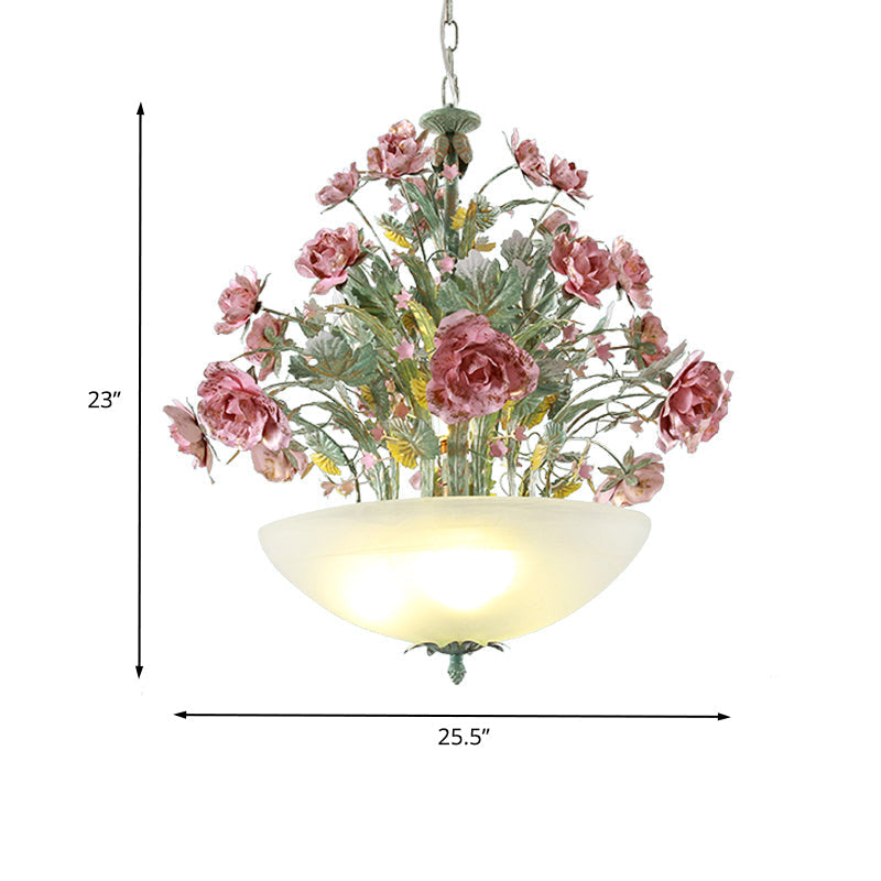 Green Metal Bowl Chandelier - Romantic Pastoral 5/7 Bulb Dining Room Drop Lamp With Rose Accents