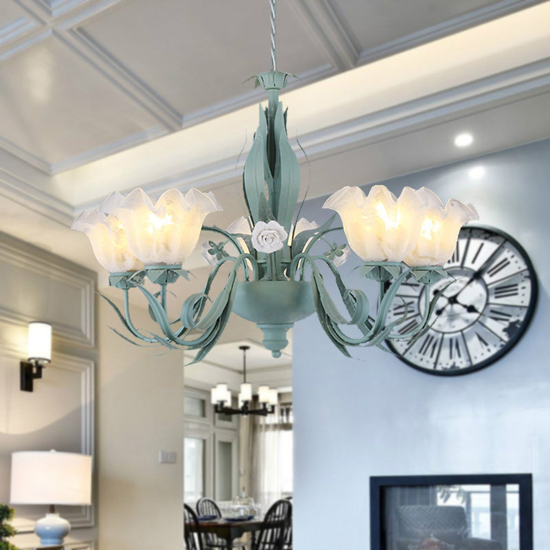 Countryside Curved Arm Chandelier Lamp In Aqua - Metal Led Drop Pendant (3/5/7 Bulbs) For Living