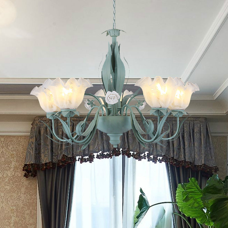 Countryside Curved Arm Chandelier Lamp In Aqua - Metal Led Drop Pendant (3/5/7 Bulbs) For Living