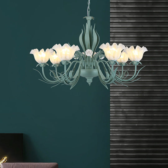 Countryside Curved Arm Chandelier Lamp In Aqua - Metal Led Drop Pendant (3/5/7 Bulbs) For Living