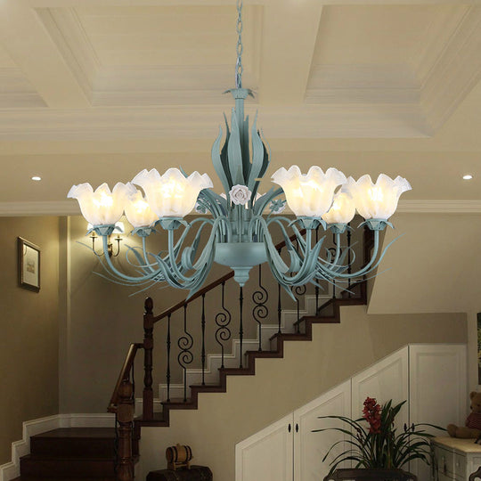 Countryside Curved Arm Chandelier Lamp In Aqua - Metal Led Drop Pendant (3/5/7 Bulbs) For Living