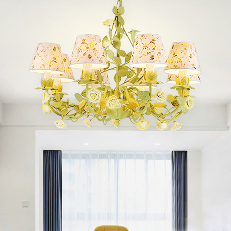 Tapered Green Pendant Chandelier With Traditional Metal Heads And Rose Decoration