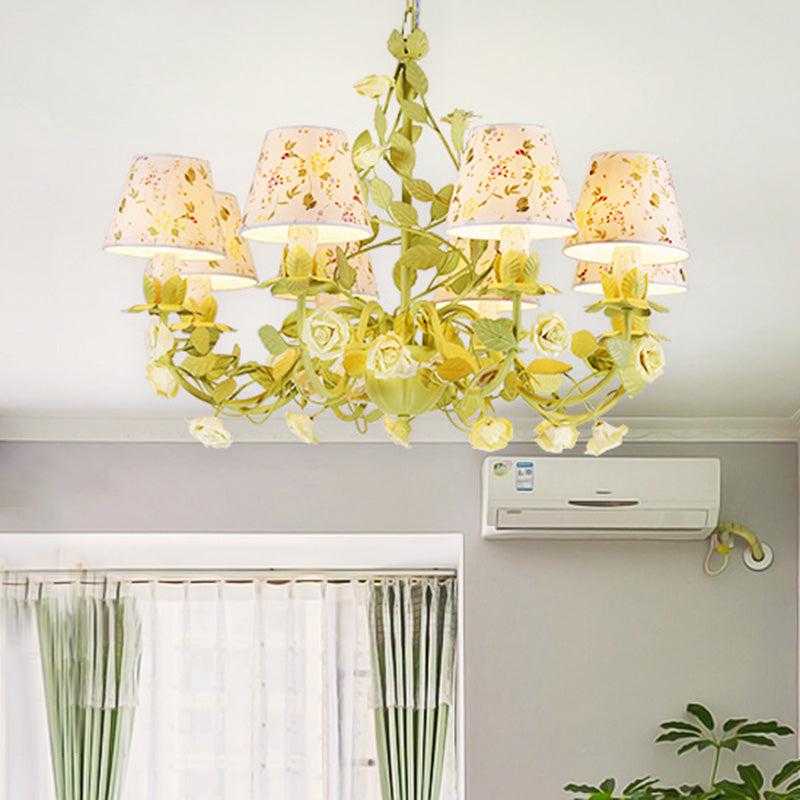 Tapered Green Pendant Chandelier With Traditional Metal Heads And Rose Decoration