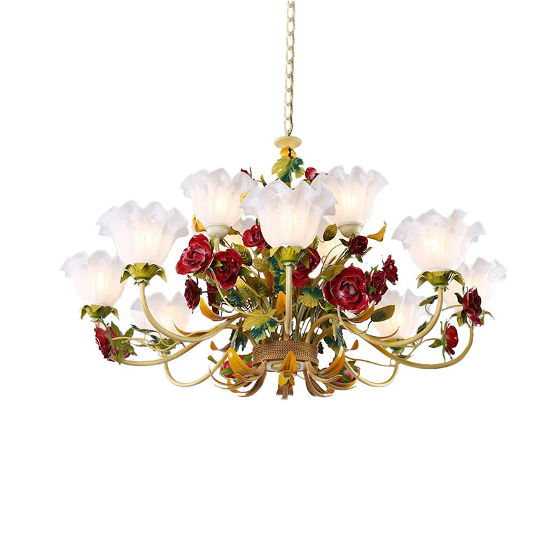 Pastoral Green Scalloped Chandelier Lamp - Metal 3/12 Heads Ceiling Pendant Light For Living Room