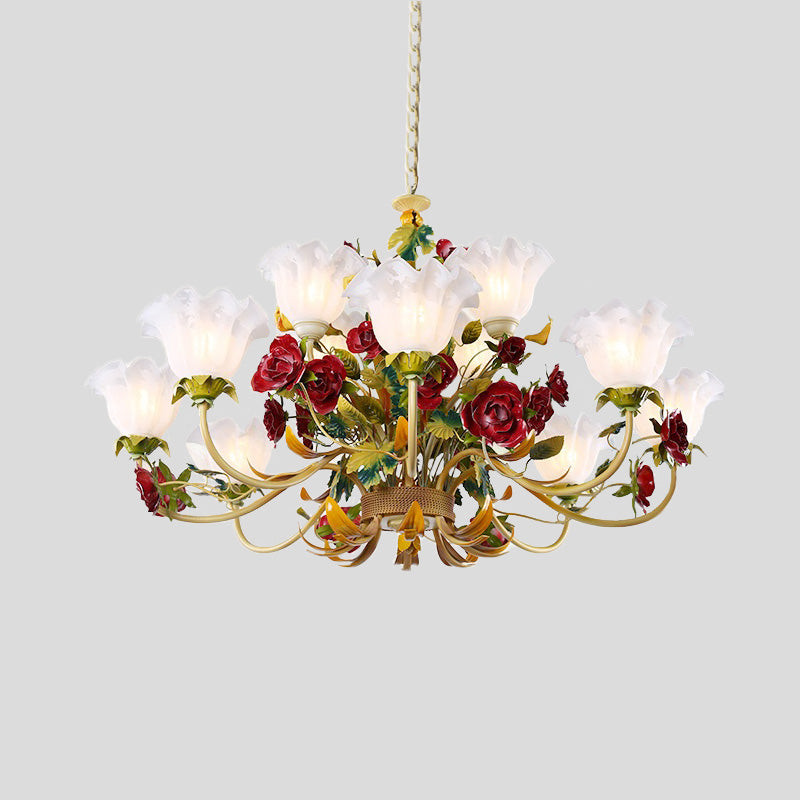 Pastoral Green Scalloped Chandelier Lamp - Metal 3/12 Heads Ceiling Pendant Light For Living Room