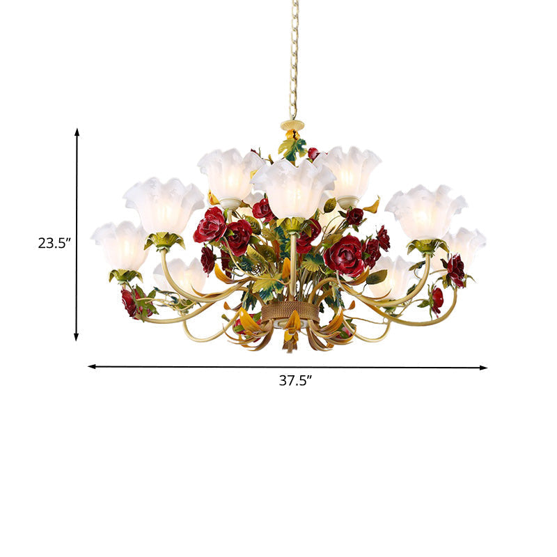 Pastoral Green Scalloped Chandelier Lamp - Metal 3/12 Heads Ceiling Pendant Light For Living Room