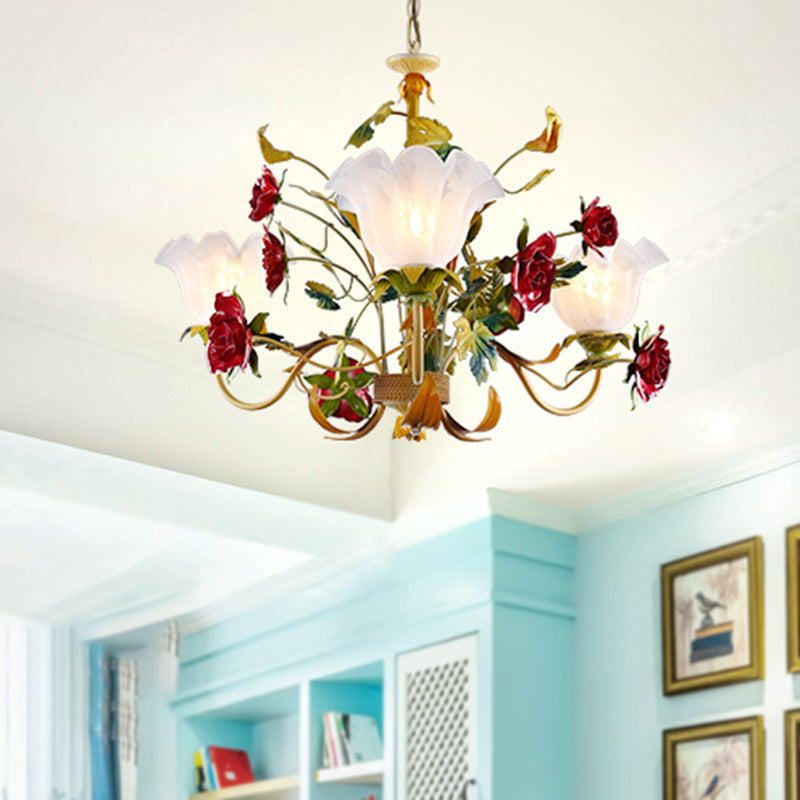 Pastoral Green Scalloped Chandelier Lamp - Metal 3/12 Heads Ceiling Pendant Light For Living Room