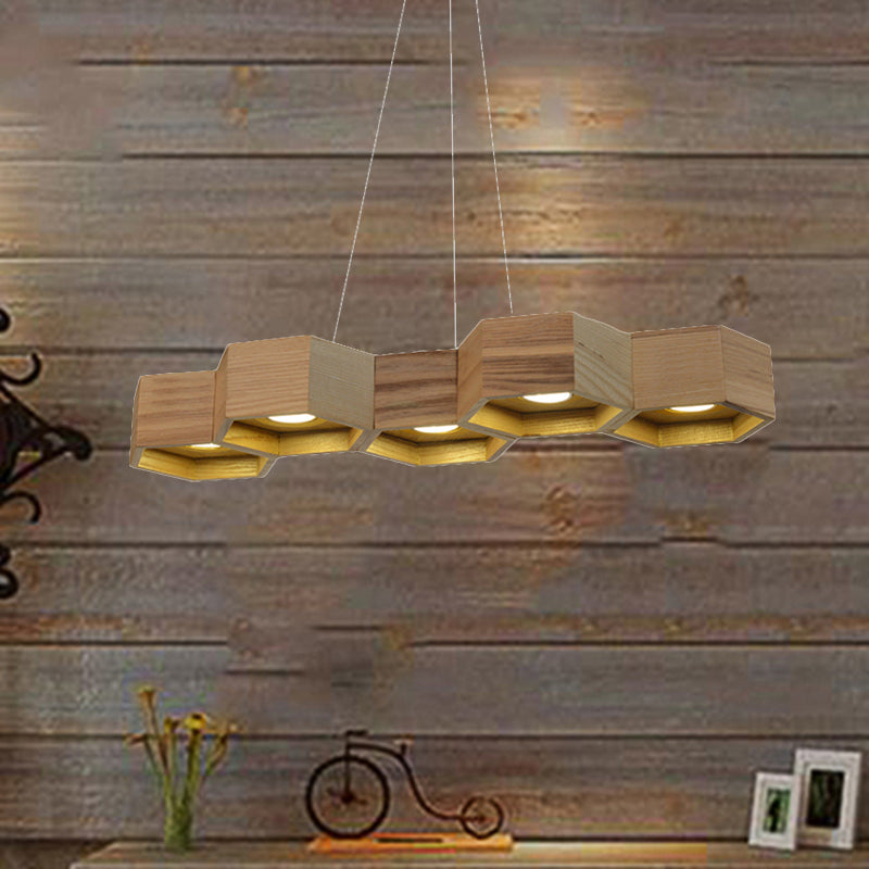 Modern Hexagonal Wooden Ceiling Light Fixture For Living Room - 5/7-Light Island Lighting