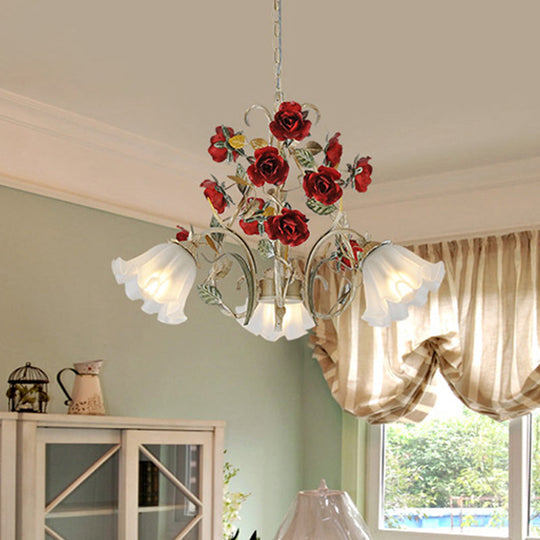 Beige Hanging Chandelier - Pastoral Metal Scalloped Pendant Light With Flower Accent 3/6/8 Lights