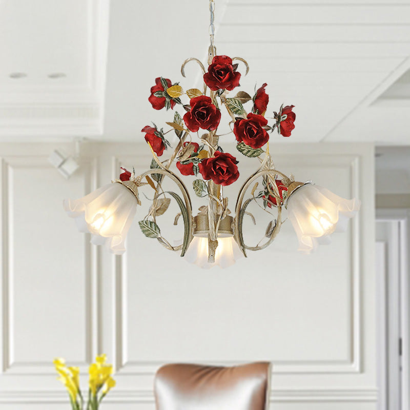 Beige Hanging Chandelier - Pastoral Metal Scalloped Pendant Light With Flower Accent 3/6/8 Lights