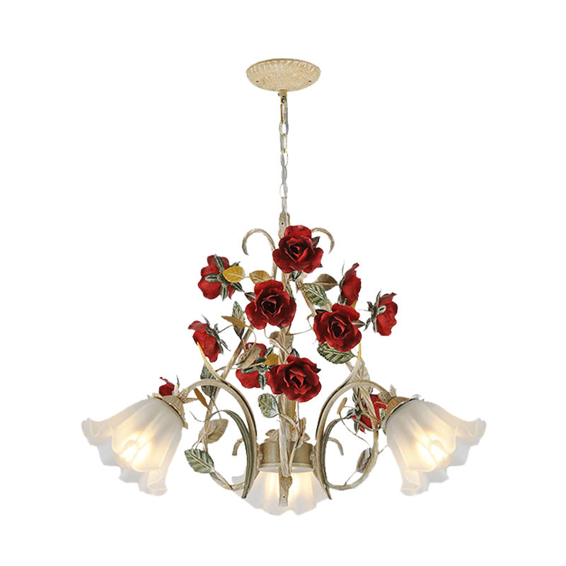 Beige Hanging Chandelier - Pastoral Metal Scalloped Pendant Light With Flower Accent 3/6/8 Lights