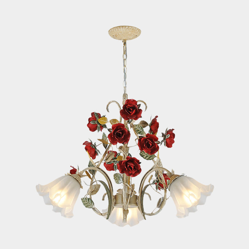 Beige Hanging Chandelier - Pastoral Metal Scalloped Pendant Light With Flower Accent 3/6/8 Lights