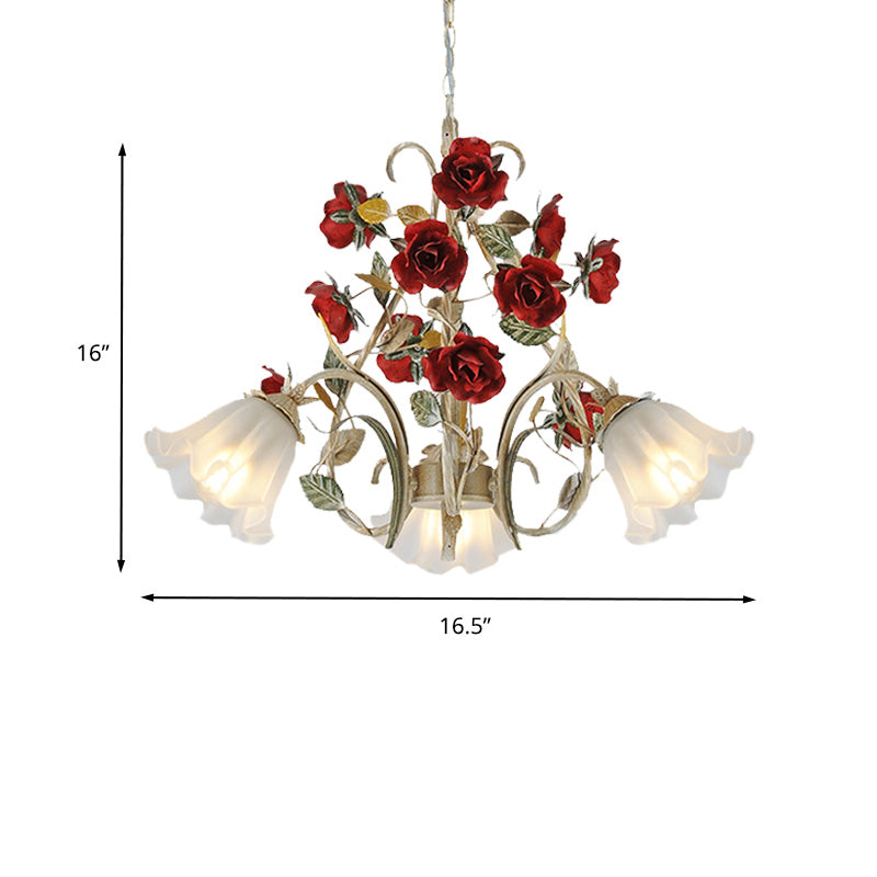 Beige Hanging Chandelier - Pastoral Metal Scalloped Pendant Light With Flower Accent 3/6/8 Lights