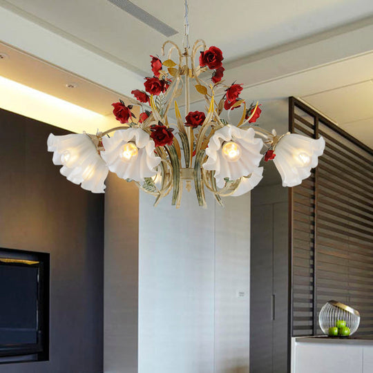 Beige Hanging Chandelier - Pastoral Metal Scalloped Pendant Light With Flower Accent 3/6/8 Lights