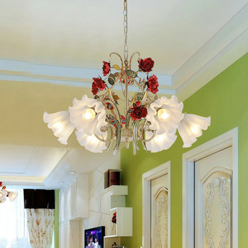 Beige Hanging Chandelier - Pastoral Metal Scalloped Pendant Light With Flower Accent 3/6/8 Lights