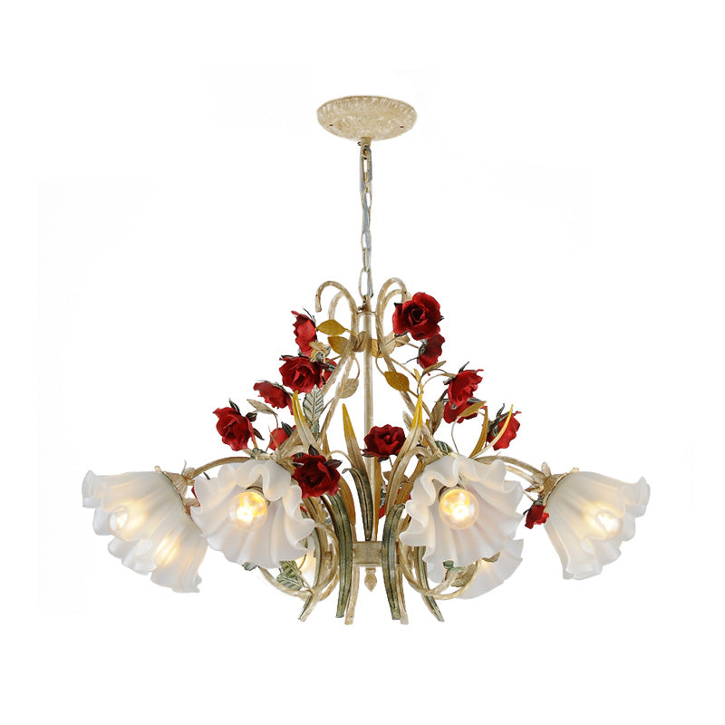 Beige Hanging Chandelier - Pastoral Metal Scalloped Pendant Light With Flower Accent 3/6/8 Lights