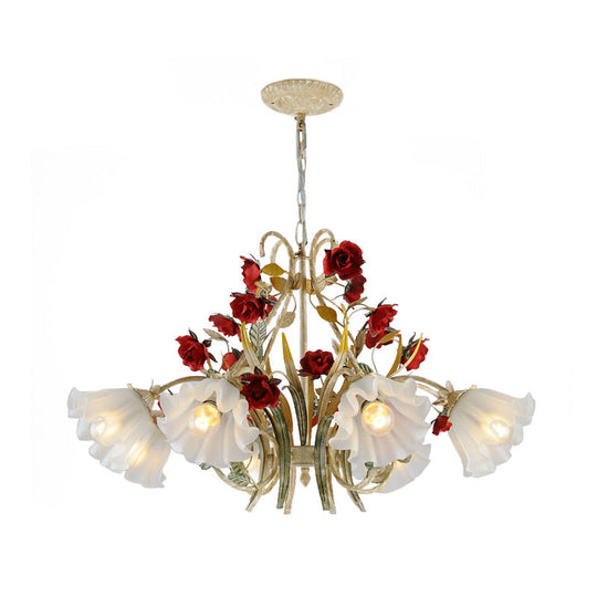 Beige Hanging Chandelier - Pastoral Metal Scalloped Pendant Light With Flower Accent 3/6/8 Lights