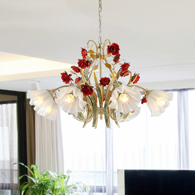 Beige Hanging Chandelier - Pastoral Metal Scalloped Pendant Light With Flower Accent 3/6/8 Lights