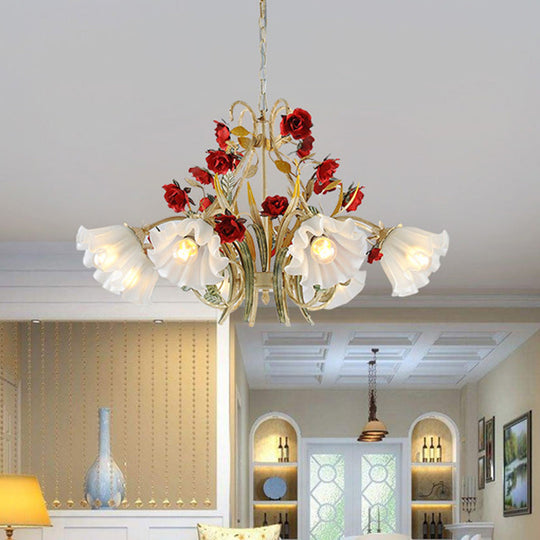 Beige Hanging Chandelier - Pastoral Metal Scalloped Pendant Light With Flower Accent 3/6/8 Lights