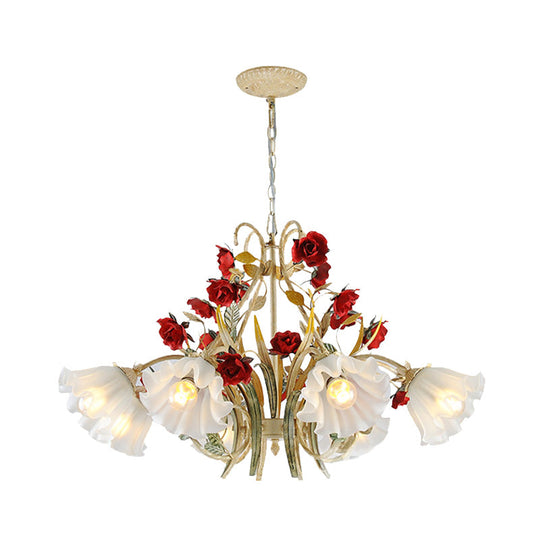 Beige Hanging Chandelier - Pastoral Metal Scalloped Pendant Light With Flower Accent 3/6/8 Lights