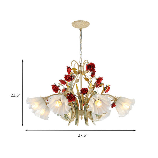 Beige Hanging Chandelier - Pastoral Metal Scalloped Pendant Light With Flower Accent 3/6/8 Lights