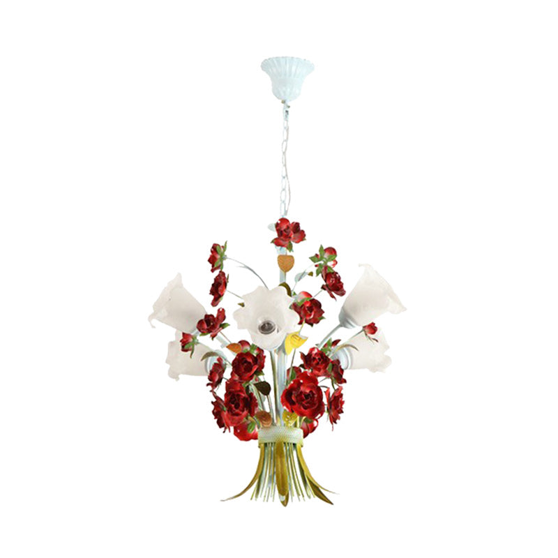 Pastoral Bloom Chandelier Light Metal Led Pendant Lighting (3/6 Bulbs) In White For Bedroom