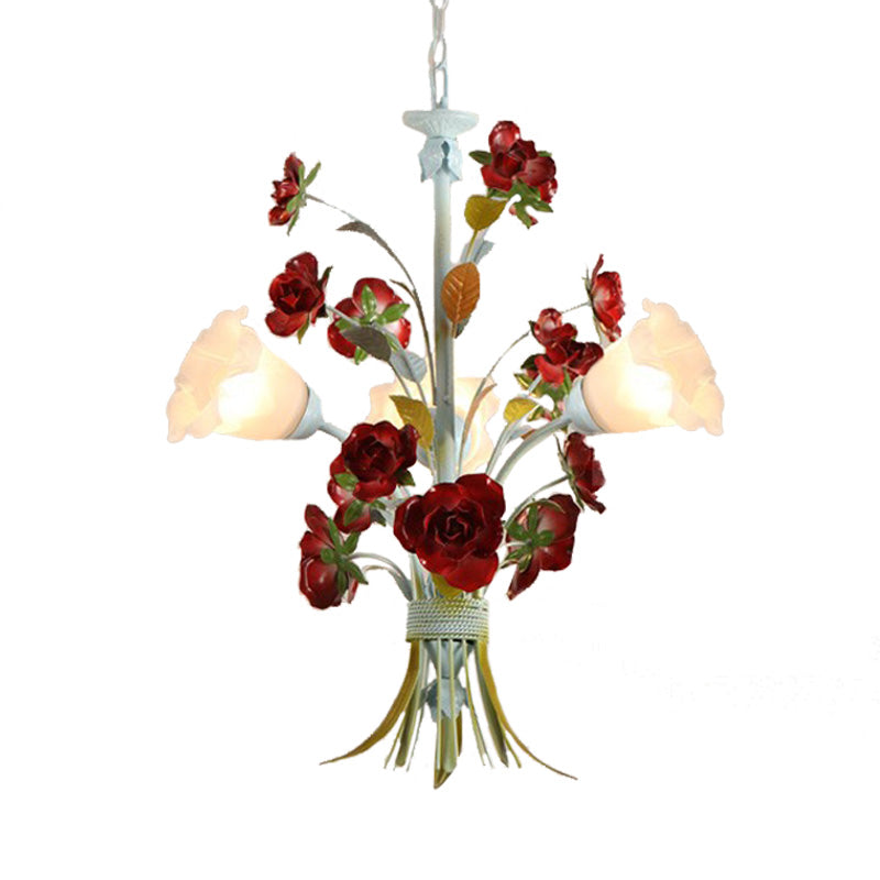 Pastoral Bloom Chandelier Light Metal Led Pendant Lighting (3/6 Bulbs) In White For Bedroom