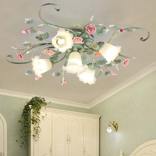 Blue Metal Floral Ceiling Fixture: Pastoral Semi Flush Mount Light with 4/5/9 Lights for Living Room