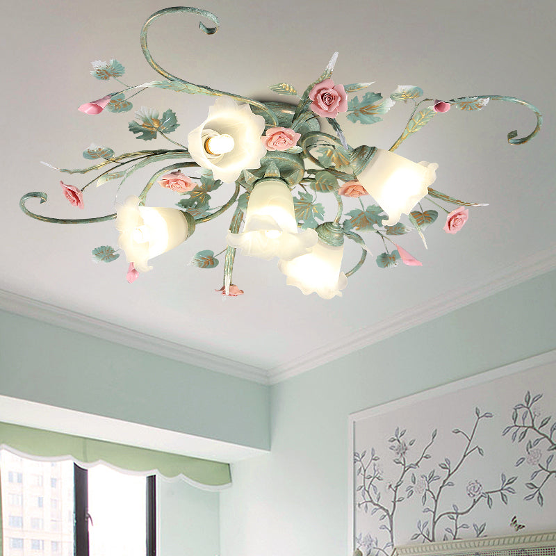 Blue Metal Floral Ceiling Fixture: Pastoral Semi Flush Mount Light with 4/5/9 Lights for Living Room