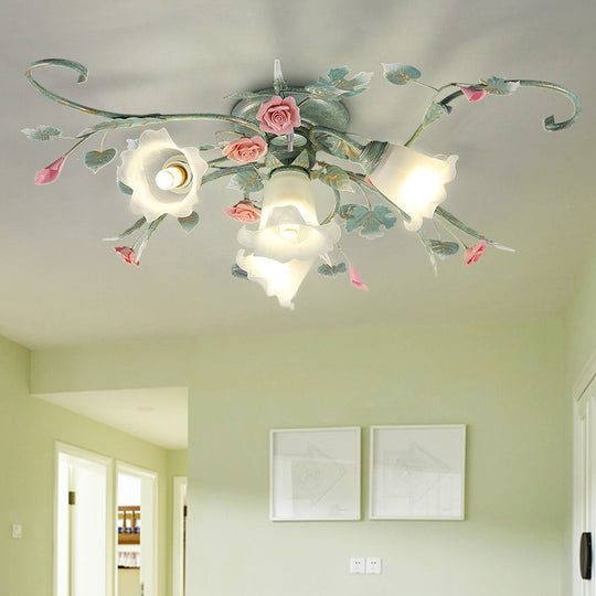 Blue Metal Floral Ceiling Fixture: Pastoral Semi Flush Mount Light with 4/5/9 Lights for Living Room