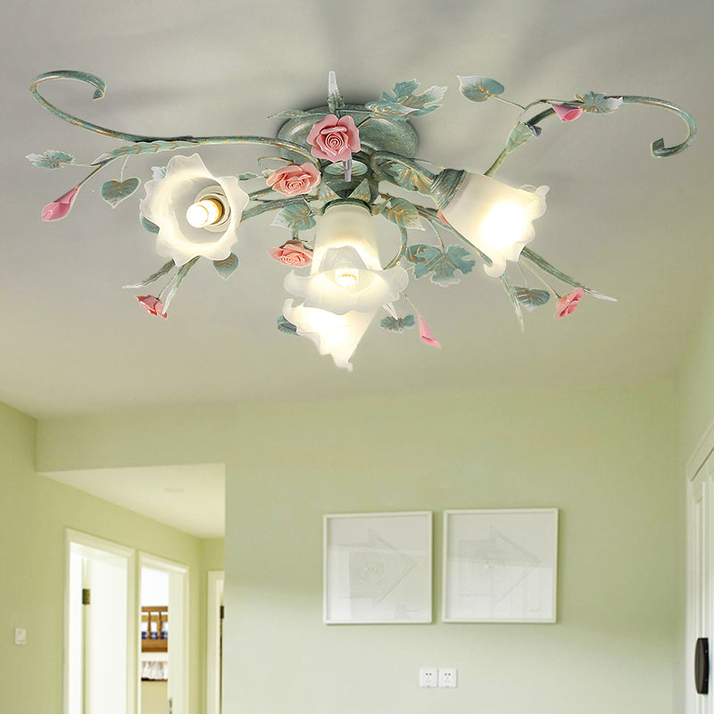 Blue Metal Floral Ceiling Fixture: Pastoral Semi Flush Mount Light With 4/5/9 Lights For Living Room