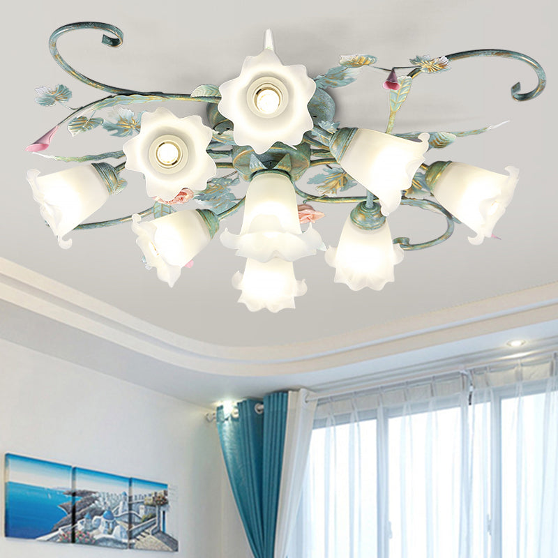 Blue Metal Floral Ceiling Fixture: Pastoral Semi Flush Mount Light with 4/5/9 Lights for Living Room