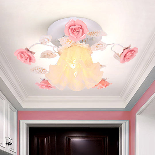 Korean Garden Metal Porch Ceiling Light with Rose Design - White Semi Flush Mount