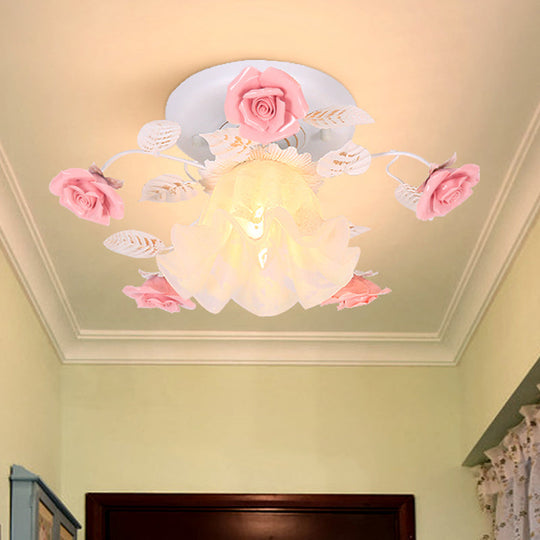 Korean Garden Metal Porch Ceiling Light with Rose Design - White Semi Flush Mount