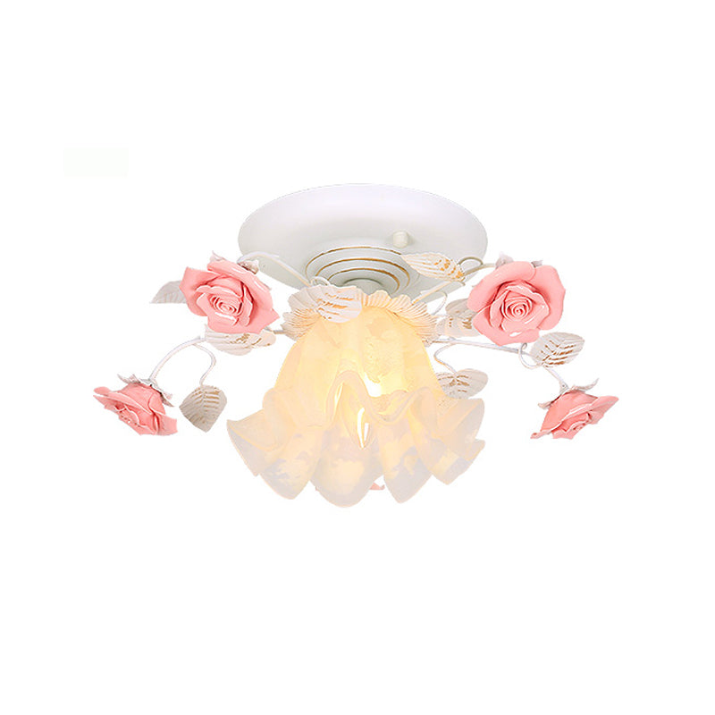 Korean Garden Metal Porch Ceiling Light with Rose Design - White Semi Flush Mount