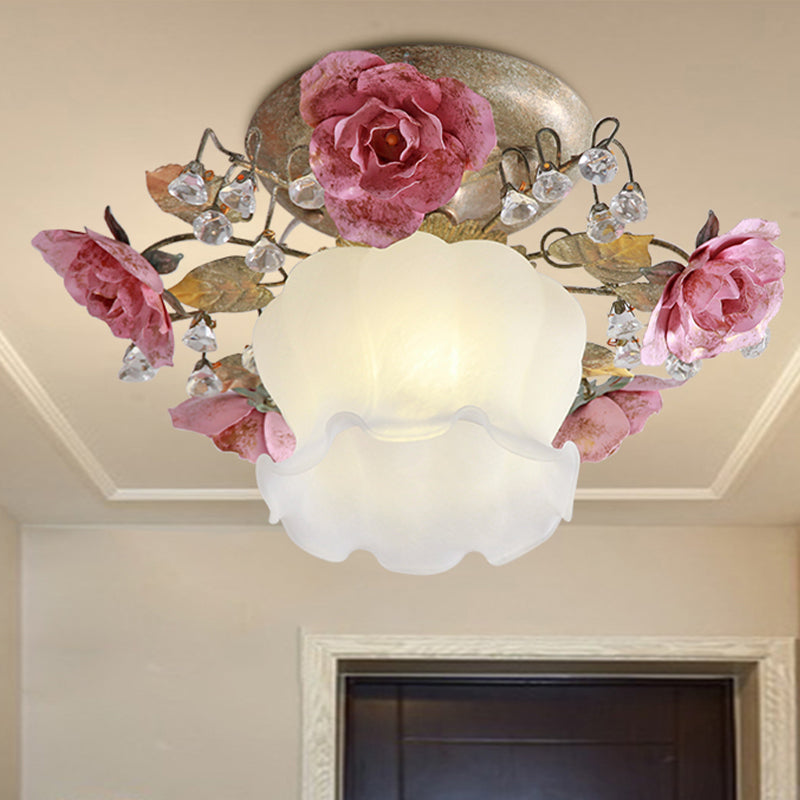 Korean Garden Scalloped Metal Ceiling Lamp - White 1-Light Hall Flower Fixture