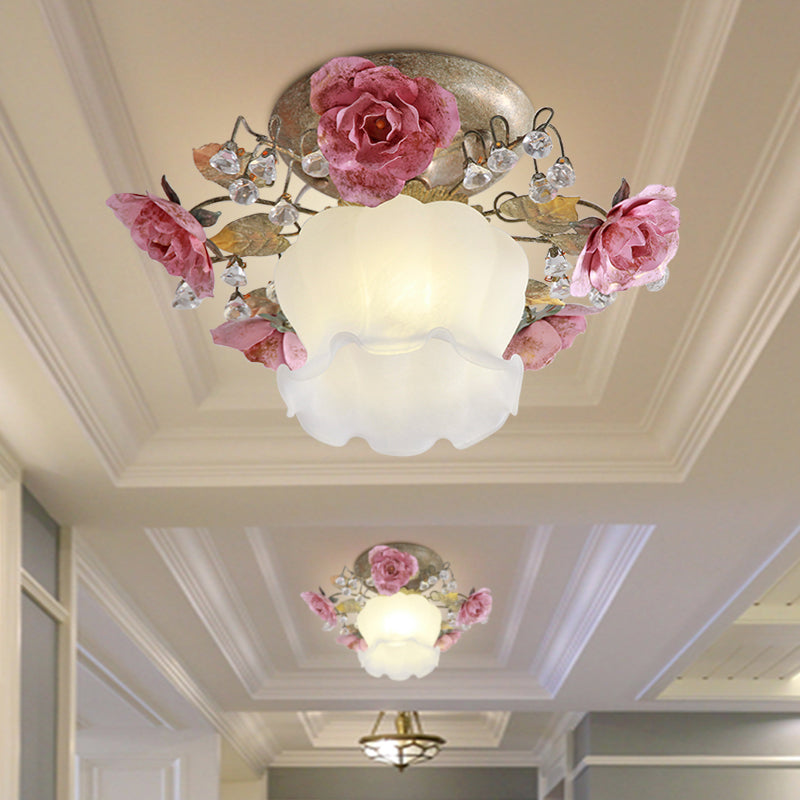 Korean Garden Scalloped Metal Ceiling Lamp - White 1-Light Hall Flower Fixture