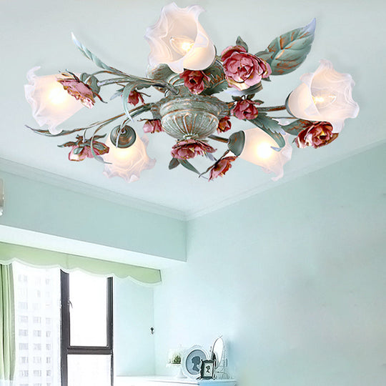 Korean Garden Metal Spiral Ceiling Lighting with Flush Mount - Green & Rose: 3/5/8 Heads Bedroom Semi Flush Mount Light Fixture