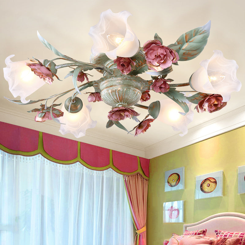 Korean Garden Metal Spiral Ceiling Lighting with Flush Mount - Green & Rose: 3/5/8 Heads Bedroom Semi Flush Mount Light Fixture