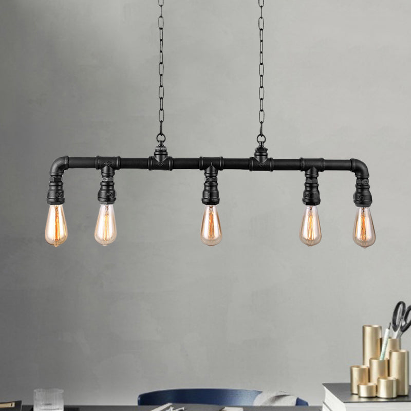 Farmhouse Style Linear Island Pendant Light With 5 Pipes In Black Metal