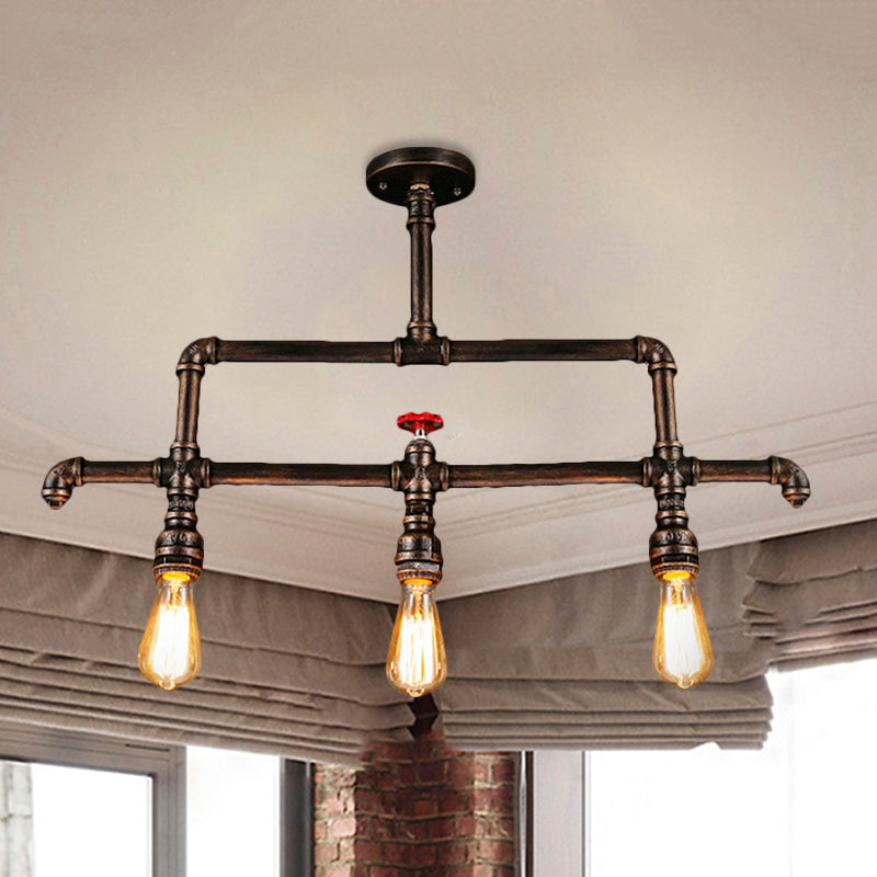 Steampunk Bronze 3-Light Linear Pendant With Pipe And Valve Decoration For Island Lighting