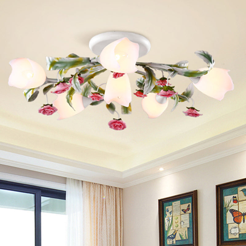 Rose Living Room Semi-Flush Mount Pastoral Ceiling Lamp - Green/White 4/6/9 Heads 6 / Green-White