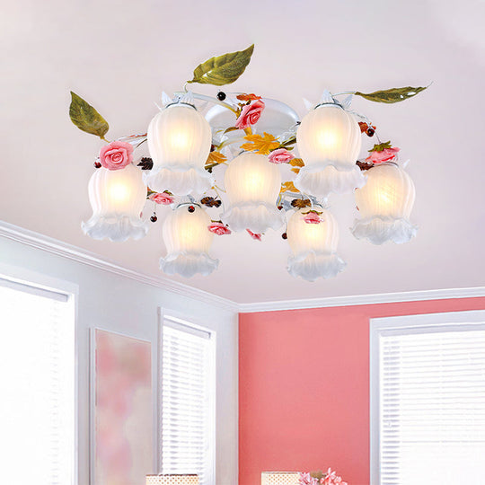 Bloom Korean Garden Metal White Semi Flush Ceiling Lighting Fixture - 7/9 Bulbs