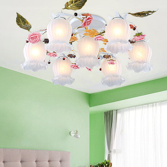 Bloom Korean Garden Metal White Semi Flush Ceiling Lighting Fixture - 7/9 Bulbs